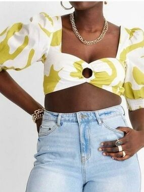 Future Collective Chartreuse White Floral Puff Sleeve Cutout Crop Top Size L